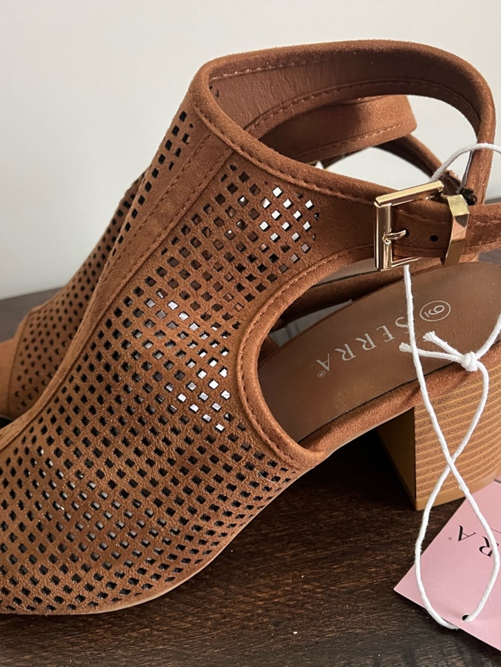 Serra Tan Perforated Block Heel Mules